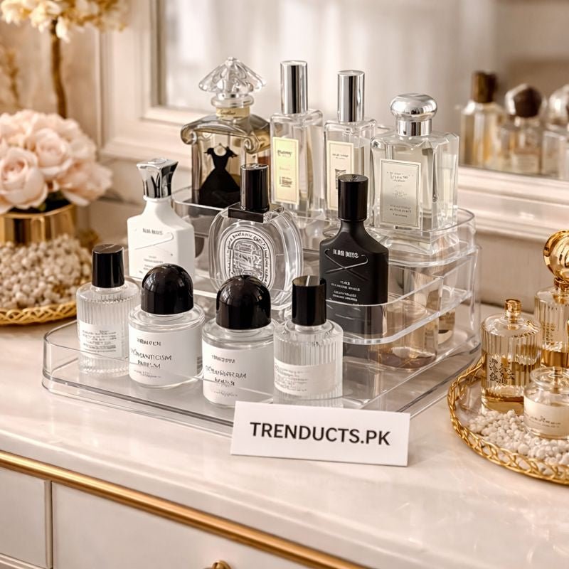 3-Tier Desktop Perfume Organizer & Tray – Luxury Cosmetic Storage Rack - Trendart