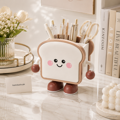 Cute Toast Desk Organizer Pen Holder | Kawaii Desktop Stationery Storage for Pens, Pencils & Office Supplies